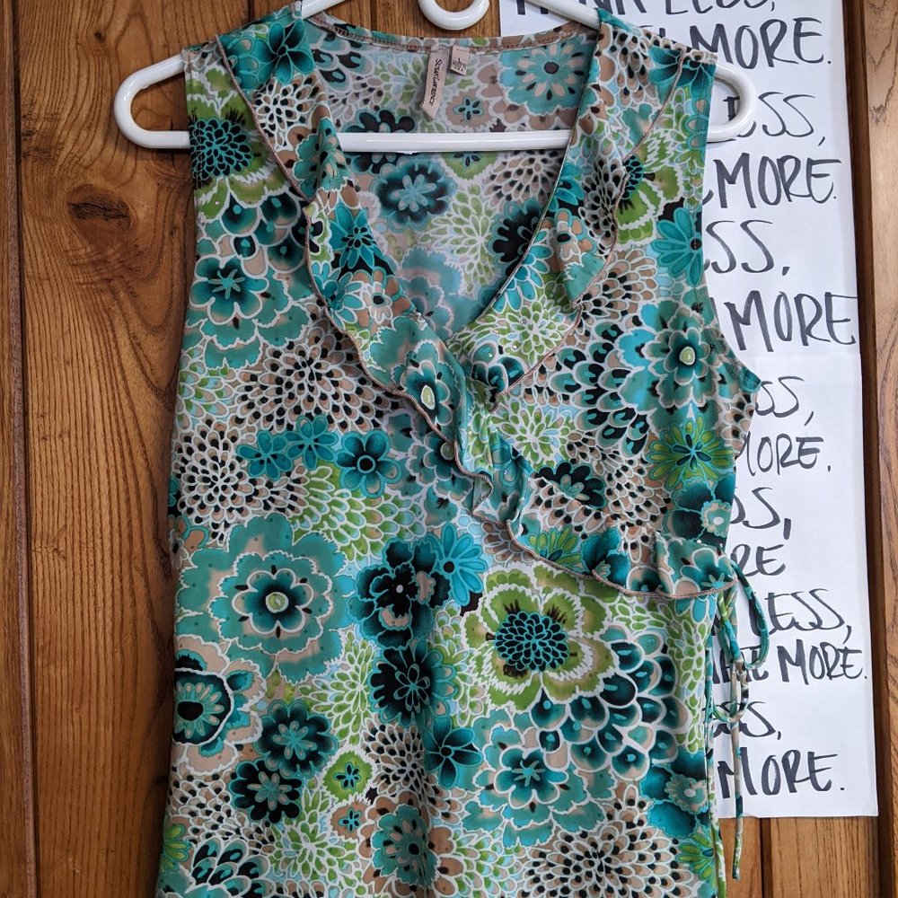 Susan Lawrence Faux Wrap with a tie slinkly stretchy sleeveless top Large
